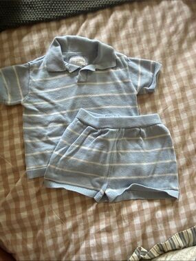 Little Planet Light Blue Striped Polo Top & Shorts Set 12 Months